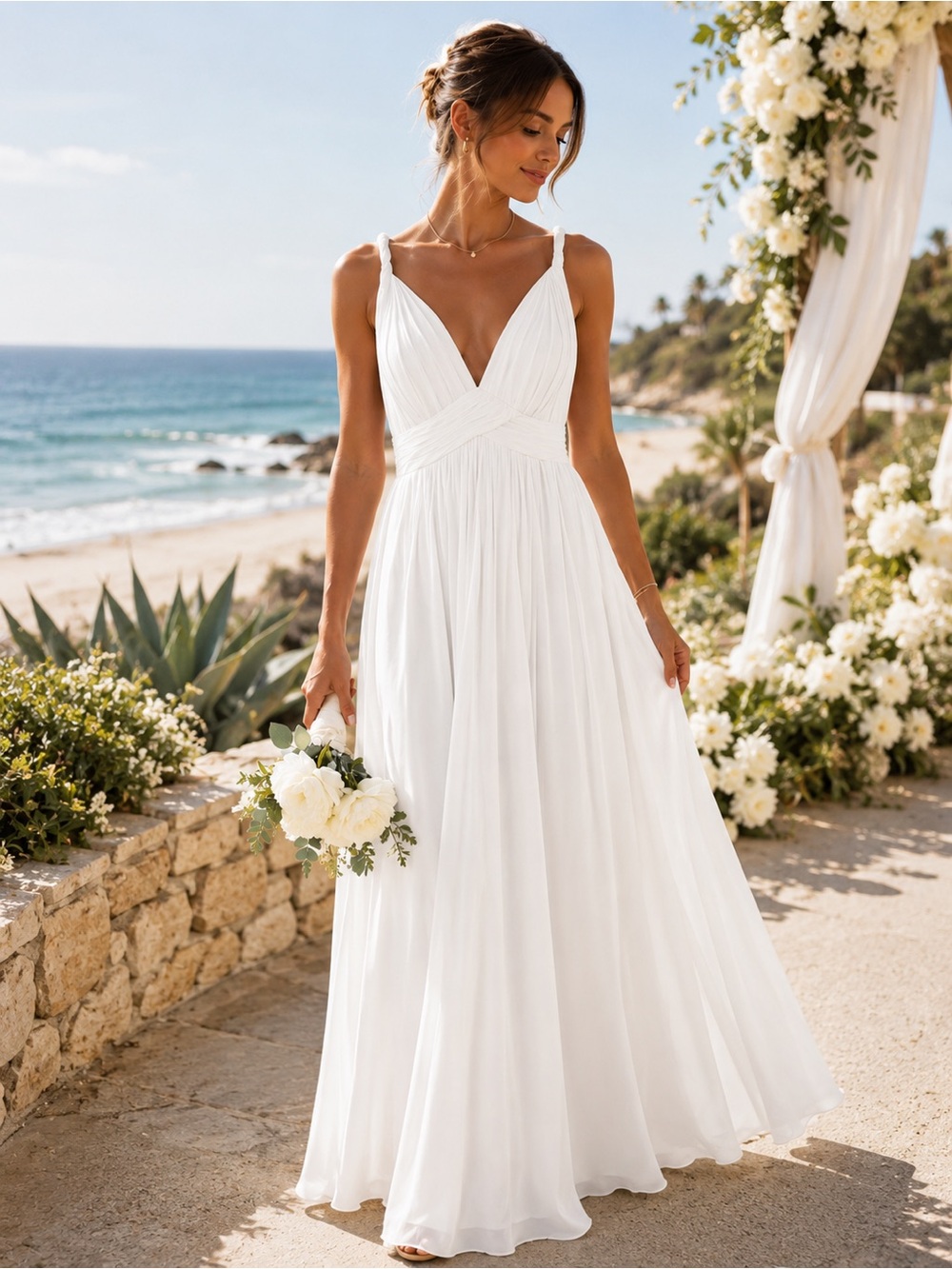 Azazie White V-Neck Chiffon A-Line Wedding Dress